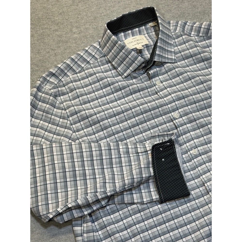 CON.STRUCT Mens Slim Fit 4-Way Stretch Plaid Dress Shirt Gray White(L) Flip Cuff